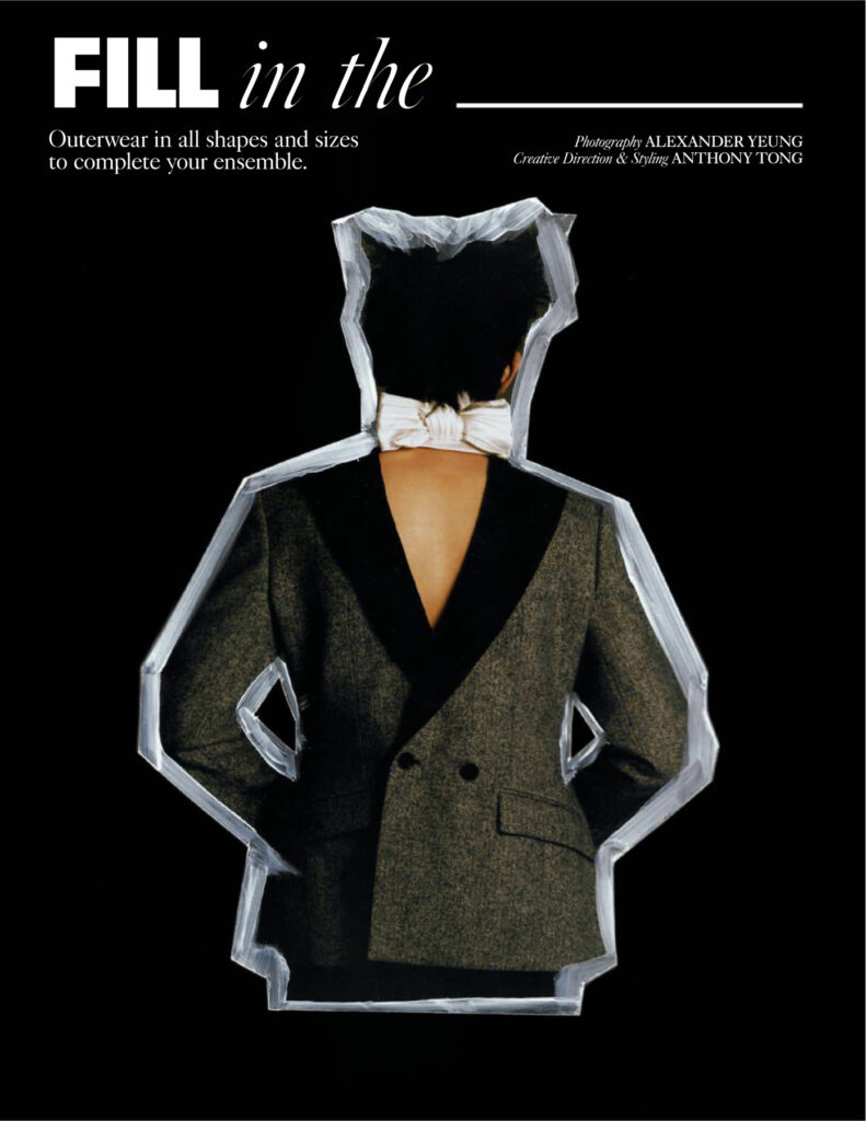 Model in a brown suit seen from the back, outlined with white tape against a black background; fashion poster style image.