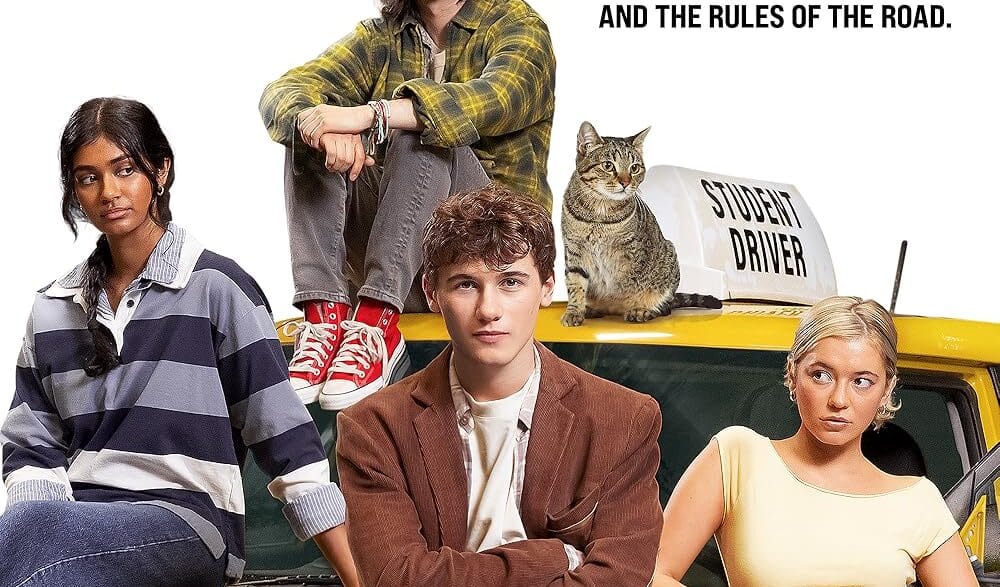 Movie poster for Driver's Ed featuring four teens posing on a yellow taxi, with a cat and a large red 'Driver's Ed' stamp.