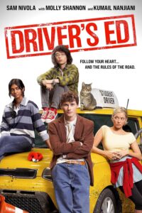 Movie poster for Driver's Ed featuring four teens posing on a yellow taxi, with a cat and a large red 'Driver's Ed' stamp.