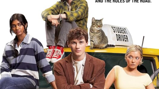 Movie poster for Driver's Ed featuring four teens posing on a yellow taxi, with a cat and a large red 'Driver's Ed' stamp.