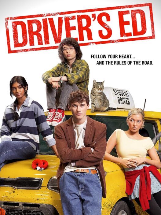 Movie poster for Driver's Ed featuring four teens posing on a yellow taxi, with a cat and a large red 'Driver's Ed' stamp.