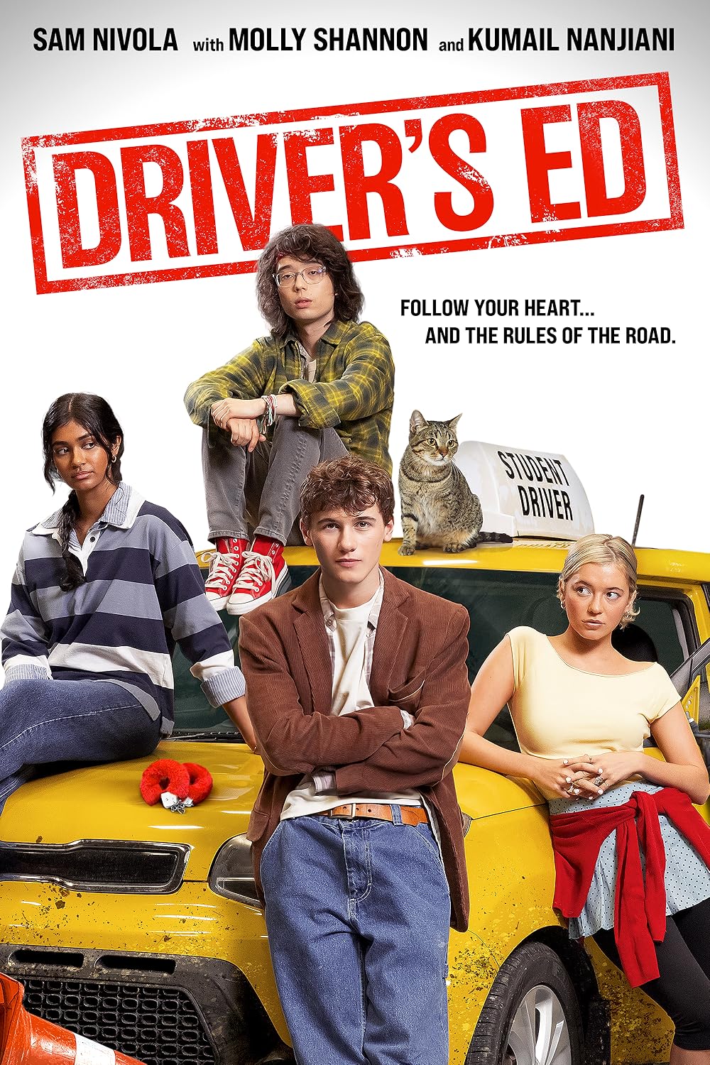 Movie poster for Driver's Ed featuring four teens posing on a yellow taxi, with a cat and a large red 'Driver's Ed' stamp.