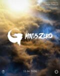 Poster for G MINUS ZERO: white brush-logo over a dramatic cloudy sky, with release date 11.06.2026 and director credits at top-right.