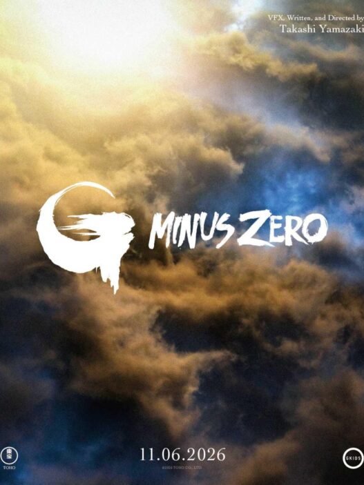 Poster for G MINUS ZERO: white brush-logo over a dramatic cloudy sky, with release date 11.06.2026 and director credits at top-right.