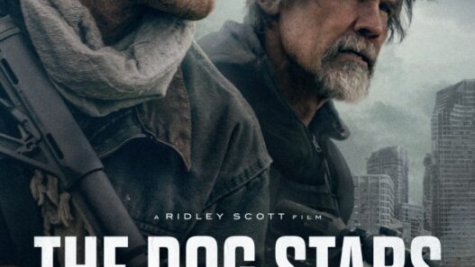 Movie poster for The Dog Stars showing two rugged men with a dog in a smoky, post‑apocalyptic city backdrop.