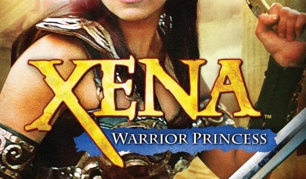 Poster for Xena: Warrior Princess featuring Xena with a sword and golden armor, looking off to the side.