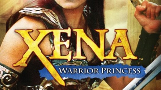 Poster for Xena: Warrior Princess featuring Xena with a sword and golden armor, looking off to the side.