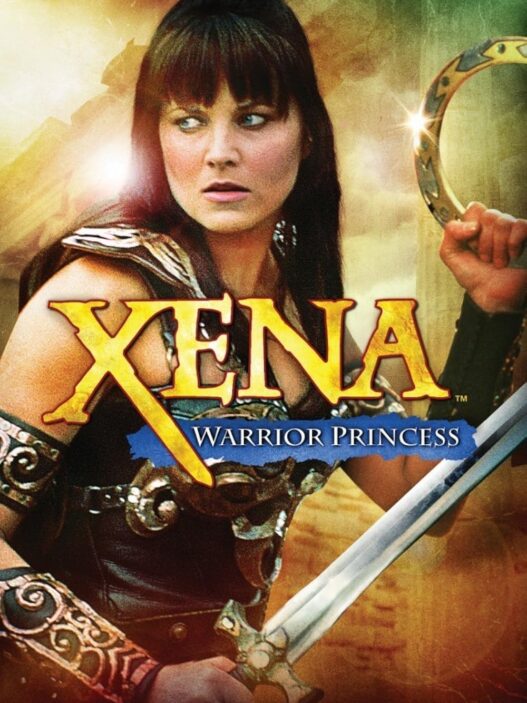 Poster for Xena: Warrior Princess featuring Xena with a sword and golden armor, looking off to the side.