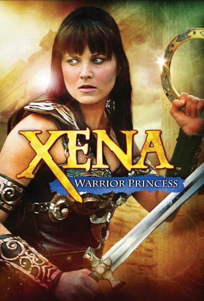 Poster for Xena: Warrior Princess featuring Xena with a sword and golden armor, looking off to the side.