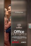 Elevator poster for Netflix film Office Romance: a couple leans in for a kiss inside an elevator, with title and release date visible (June 5).