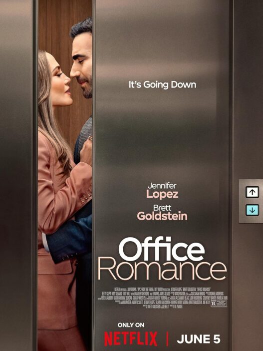 Elevator poster for Netflix film Office Romance: a couple leans in for a kiss inside an elevator, with title and release date visible (June 5).