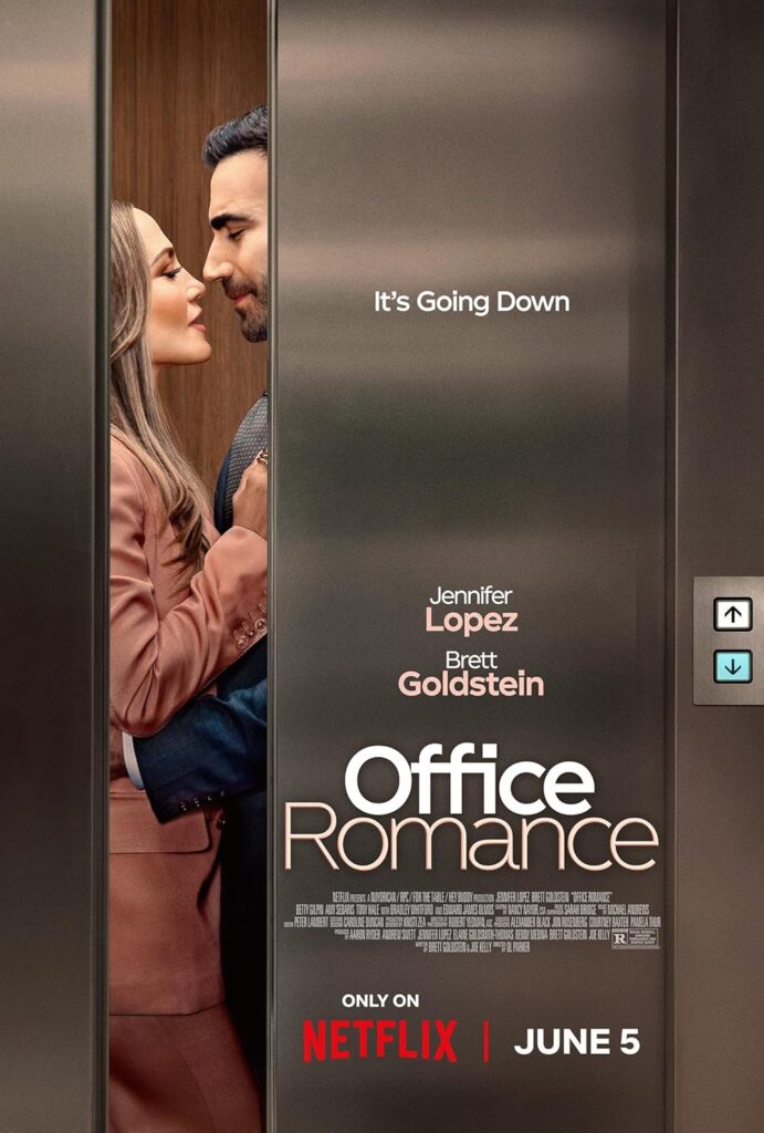 Elevator poster for Netflix film Office Romance: a couple leans in for a kiss inside an elevator, with title and release date visible (June 5).