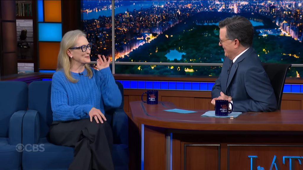 Meryl Streep teasing the upcoming Prada 2 sequel during her Colbert interview.