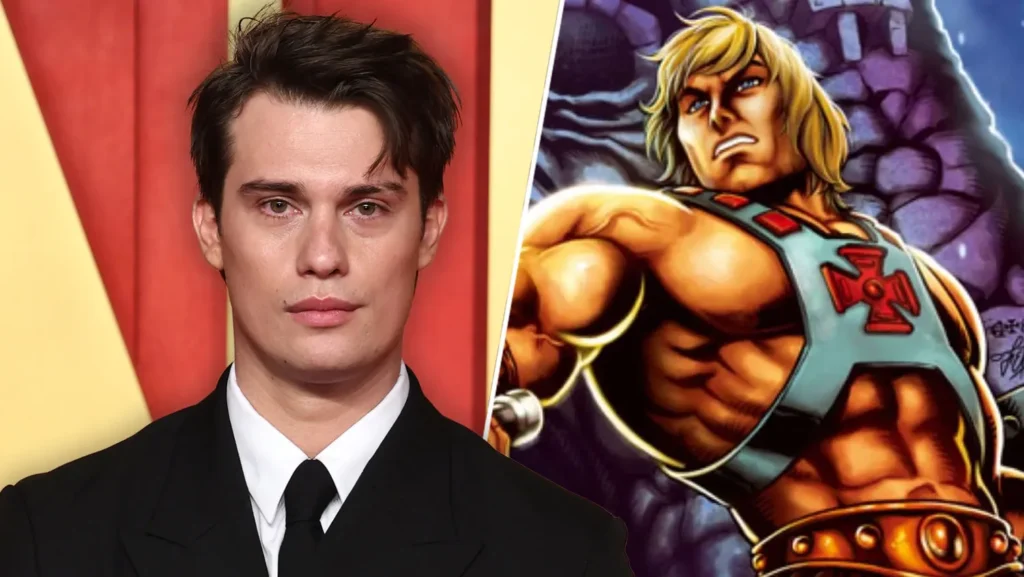 Split image: man in a tuxedo on the left and a muscular He-Man illustration on the right: a celebrity beside a comic character.