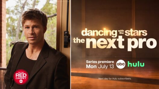 Split image: man in a brown blazer posing at a doorway with a red-carpet badge; right shows a stage poster reading 'Dancing with the Stars: The Next Pro' for ABC and Hulu with July 13 premiere date.