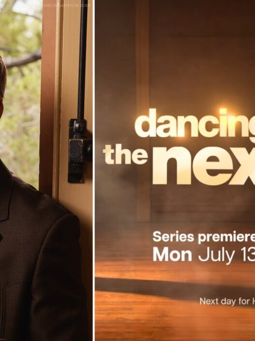 Split image: man in a brown blazer posing at a doorway with a red-carpet badge; right shows a stage poster reading 'Dancing with the Stars: The Next Pro' for ABC and Hulu with July 13 premiere date.