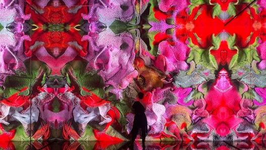 Person silhouetted in front of a large kaleidoscopic mural with pink, red, purple, and green floral patterns on a wall inside an installation.