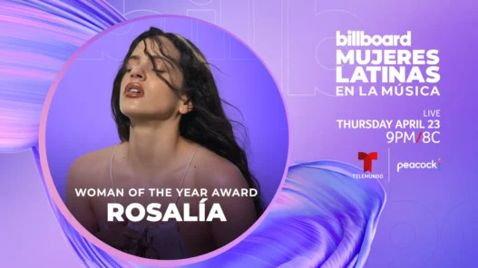 Poster announcing Billboard's Mujeres Latinas en la Música, featuring Rosalía as Woman of the Year with event date and network logos.