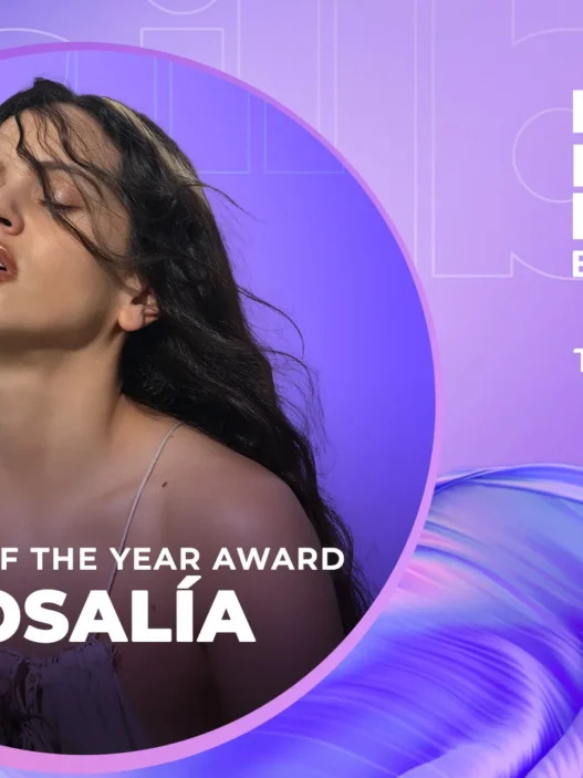 Poster announcing Billboard's Mujeres Latinas en la Música, featuring Rosalía as Woman of the Year with event date and network logos.