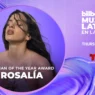 Poster announcing Billboard's Mujeres Latinas en la Música, featuring Rosalía as Woman of the Year with event date and network logos.