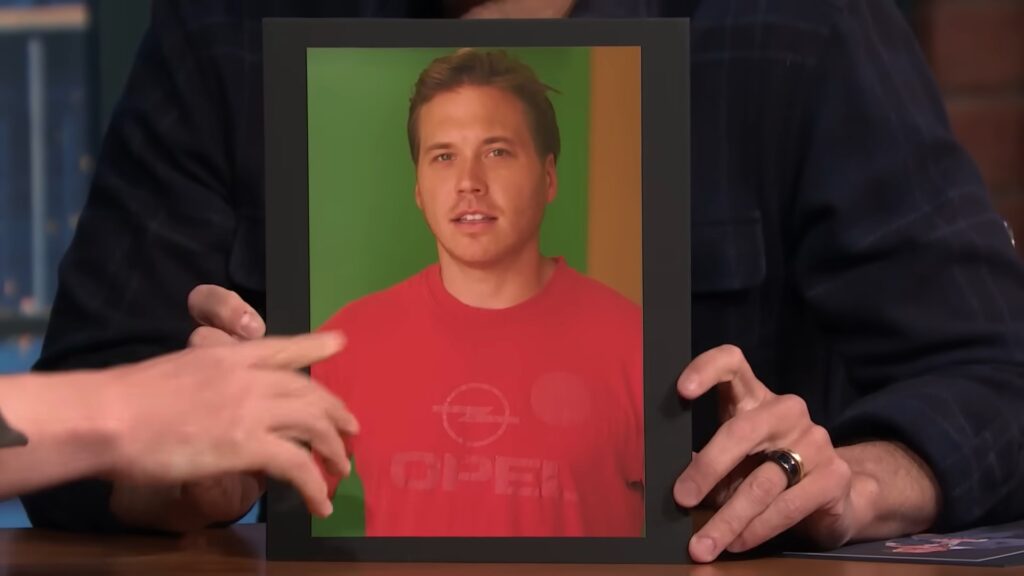 Scott MacArthur in a framed early-career headshot taken inside a Jamba Juice.