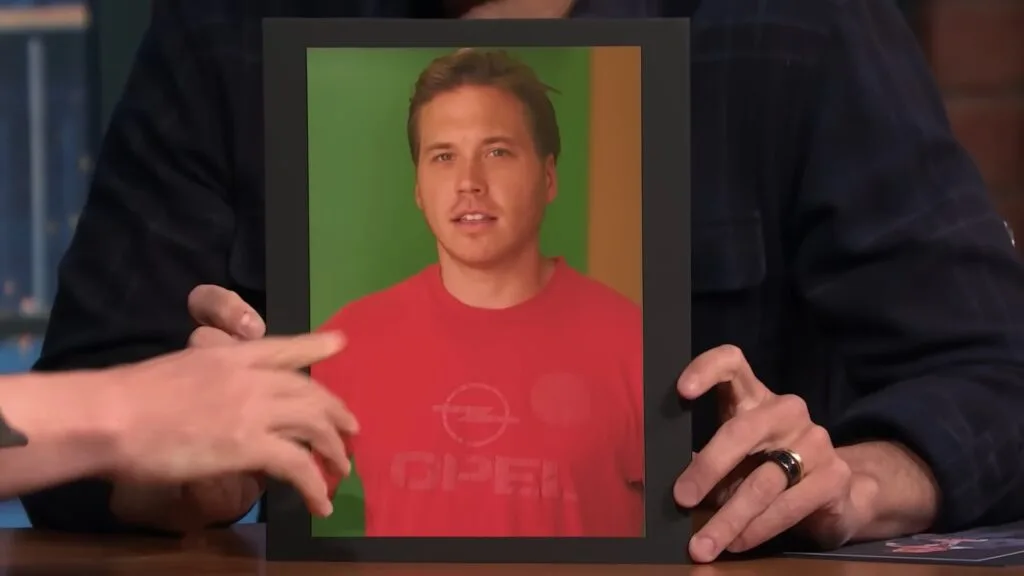 Scott MacArthur in a framed early-career headshot taken inside a Jamba Juice.