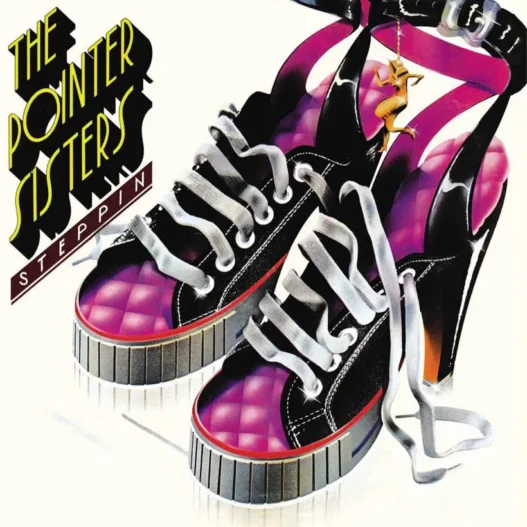 Album cover for The Pointer Sisters' 'Steppin'' showing pink and black sneakers with white laces and bold band text.