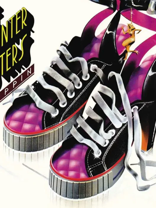 Album cover for The Pointer Sisters' 'Steppin'' showing pink and black sneakers with white laces and bold band text.