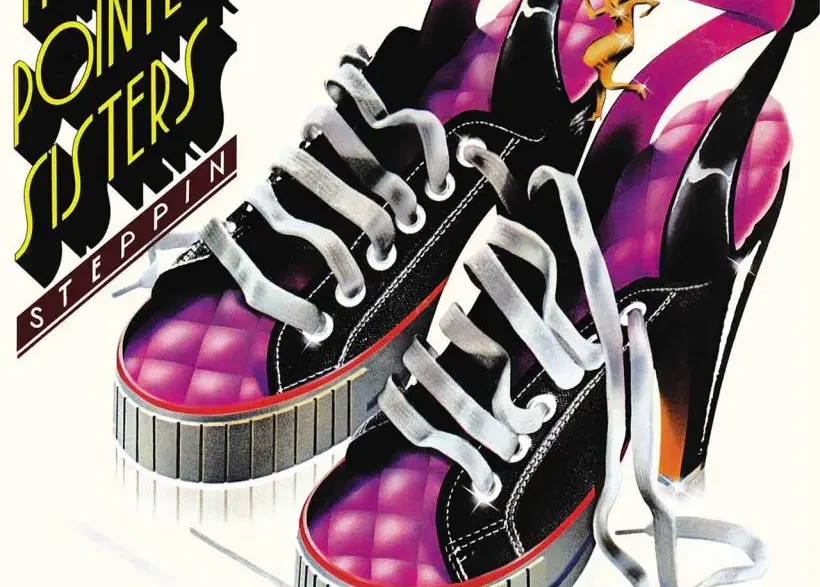 Album cover for The Pointer Sisters' 'Steppin'' showing pink and black sneakers with white laces and bold band text.