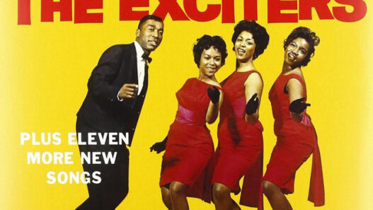 Bright yellow album cover for The Exciters with bold black 'TELL HIM' and red 'THE EXCITERS', showing a man in a suit and three women in red dresses posing together; small logo at bottom-left.