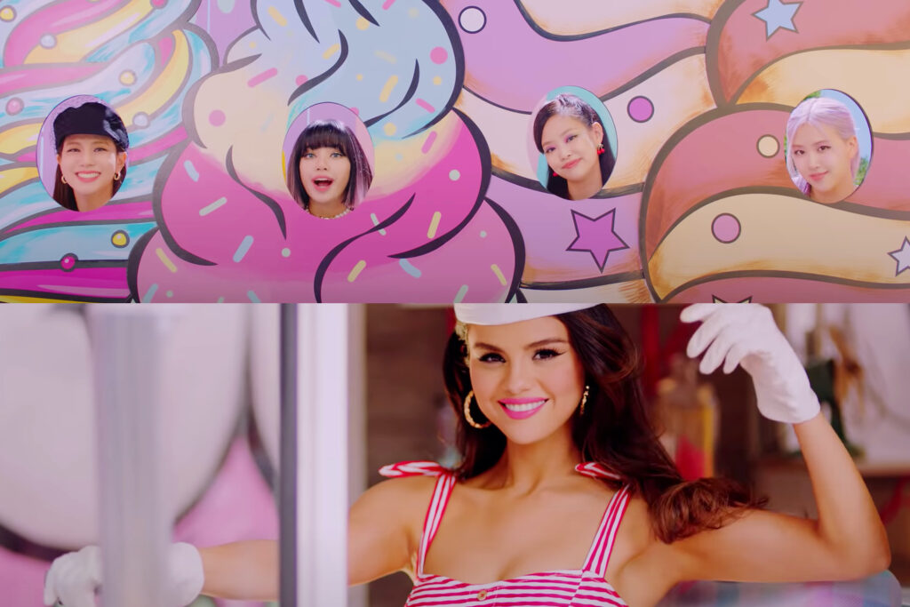 Colorful graffiti mural with four circular cutouts showing faces; bottom half features a smiling woman in a pink-and-white striped outfit with white gloves.