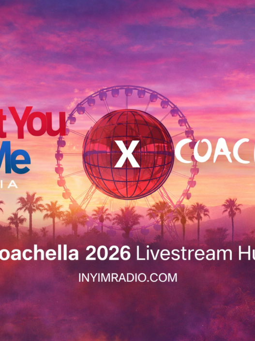 Branded Coachella 2026 Livestream Hub feature image for INYIM Media with desert sunset, Ferris wheel, palm trees, and It's Not You It's Me branding.
