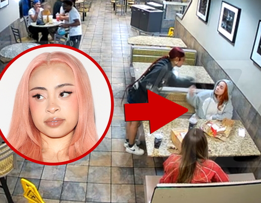 Cafe interior with diners; circular inset portrait of a woman with pink hair overlays the scene.