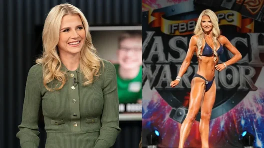 Split image: a smiling blonde woman in a green ribbed dress on the left and a female bodybuilder in a blue bikini posing on a stage on the right.