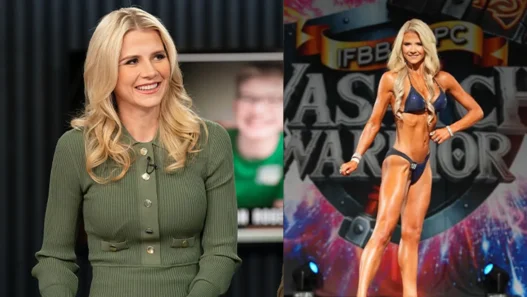 Split image: a smiling blonde woman in a green ribbed dress on the left and a female bodybuilder in a blue bikini posing on a stage on the right.