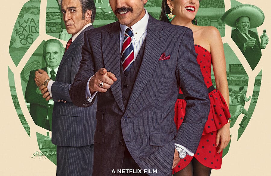 Poster for the Netflix film Mexico 86 showing a man in a suit pointing at the viewer, a smiling woman in a red dress, and vintage figures against a green circular backdrop.