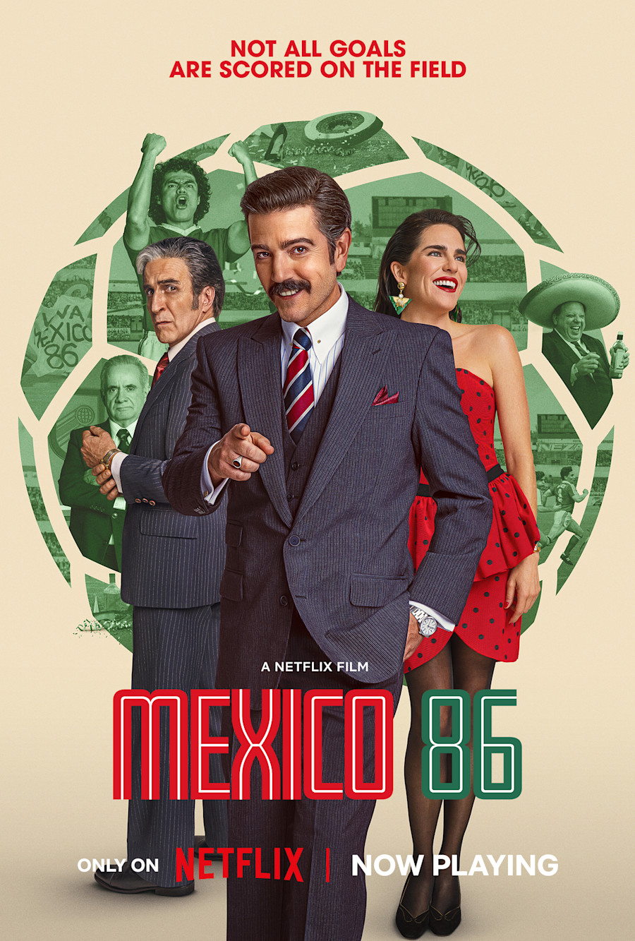 Poster for the Netflix film Mexico 86 showing a man in a suit pointing at the viewer, a smiling woman in a red dress, and vintage figures against a green circular backdrop.