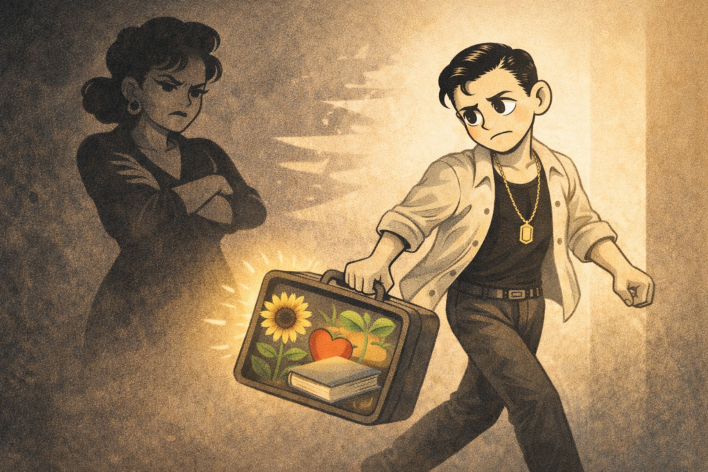 Animated character walking forward into soft light to symbolize healing after toxic parenting and emotional abuse