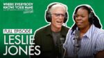 Podcast thumbnail featuring Leslie Jones and a male host wearing headphones and speaking into microphones on a green background (episode title: Full Episode Leslie Jones)