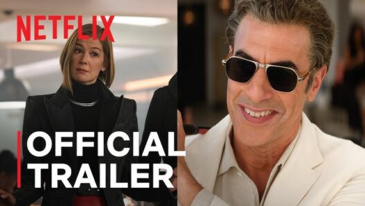 Netflix Official Trailer banner showing a woman in black on the left and a smiling man in sunglasses on the right.
