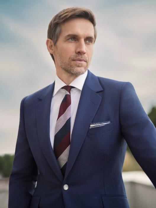 Man in a navy suit with a striped burgundy tie, standing outdoors and looking off into the distance.