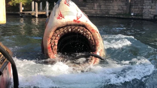 Jaws animatronic lunging from the water at Universal Studios Japan.