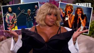 Talk-show host seated on a sofa with two inset photos of musicians performing in the background.