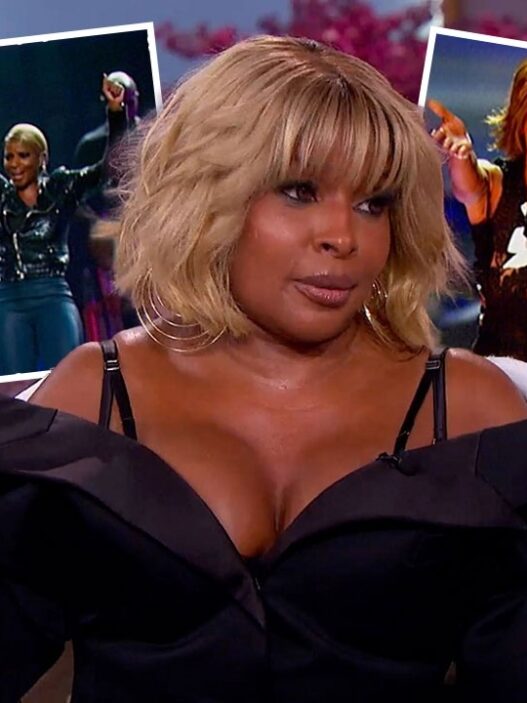 Talk-show host seated on a sofa with two inset photos of musicians performing in the background.