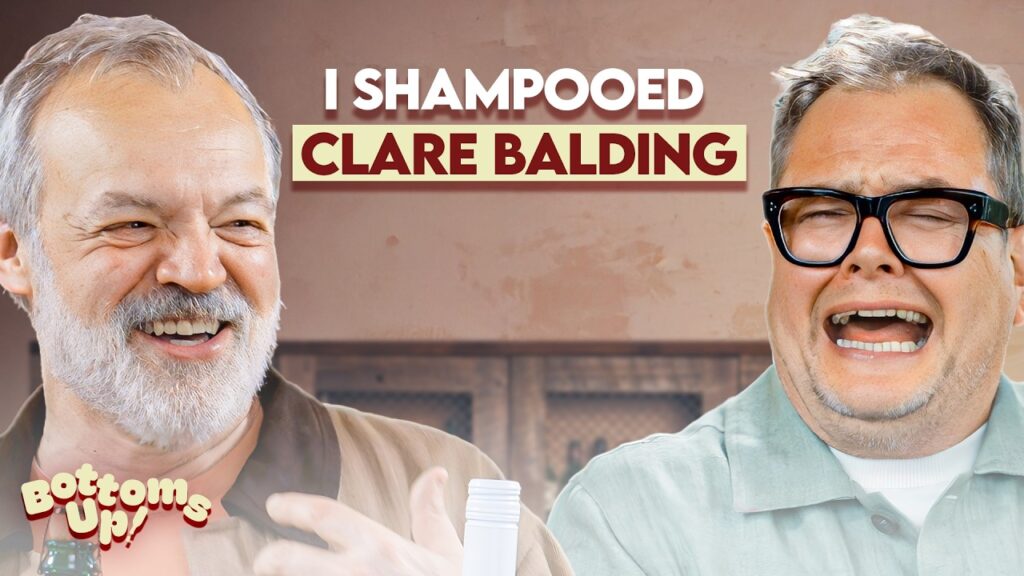 Two men laughing together in a casual setting with the bold headline 'I SHAMPOOED CLARE BALDING' across the top tourbanner style text.