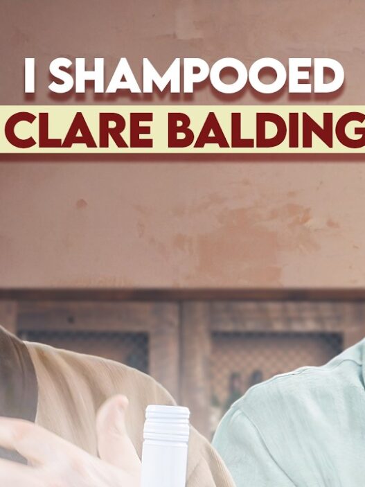 Two men laughing together in a casual setting with the bold headline 'I SHAMPOOED CLARE BALDING' across the top tourbanner style text.