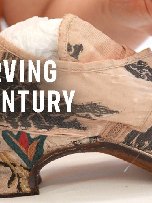 18th‑century pink silk‑covered heeled shoe from Historic Royal Palaces.