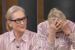 Two-panel image of an elderly woman with gray hair and black glasses wearing a red-and-white striped shirt: left panel shows her smiling, right panel shows her covering her face with her hands in apparent distress, on a studio set.