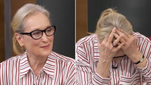 Two-panel image of an elderly woman with gray hair and black glasses wearing a red-and-white striped shirt: left panel shows her smiling, right panel shows her covering her face with her hands in apparent distress, on a studio set.