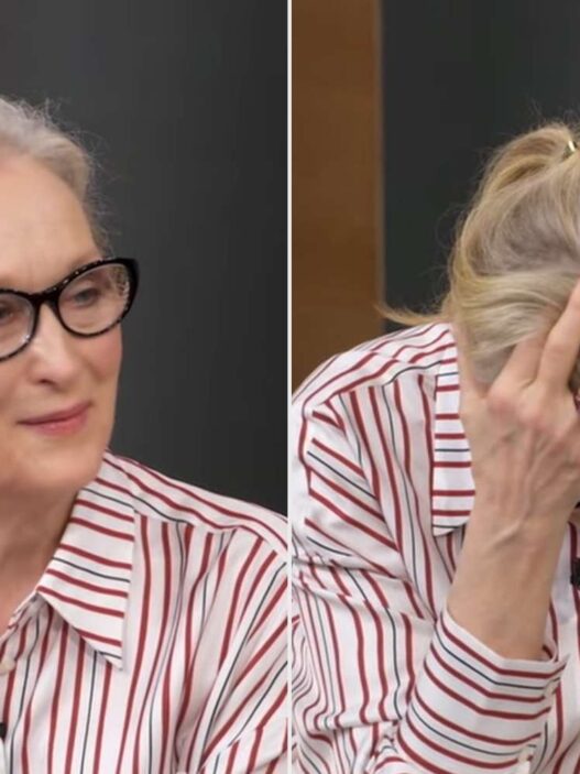 Two-panel image of an elderly woman with gray hair and black glasses wearing a red-and-white striped shirt: left panel shows her smiling, right panel shows her covering her face with her hands in apparent distress, on a studio set.